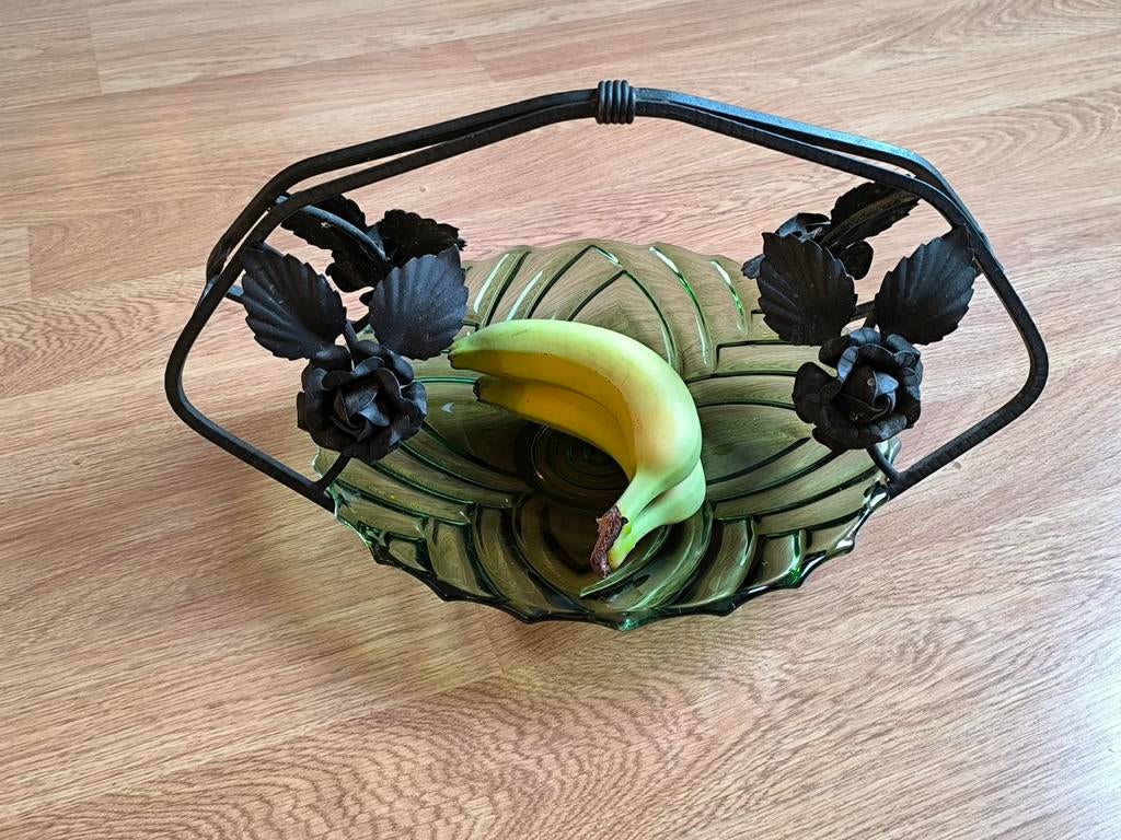 Art deco groene fruitschaal, gemerkt, Antiquités & Art, Antiquités | Verre & Cristal, Enlèvement ou Envoi