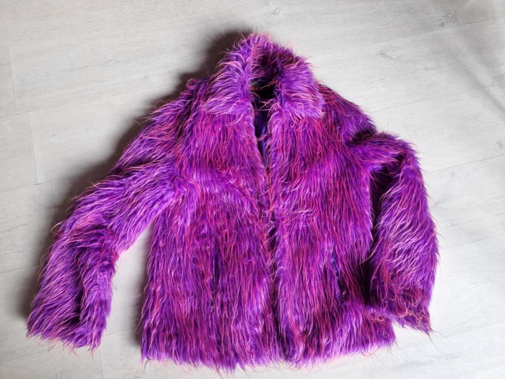 paars/roze jas in pluche / nepbont, Ophalen, Zo goed als nieuw, Paars