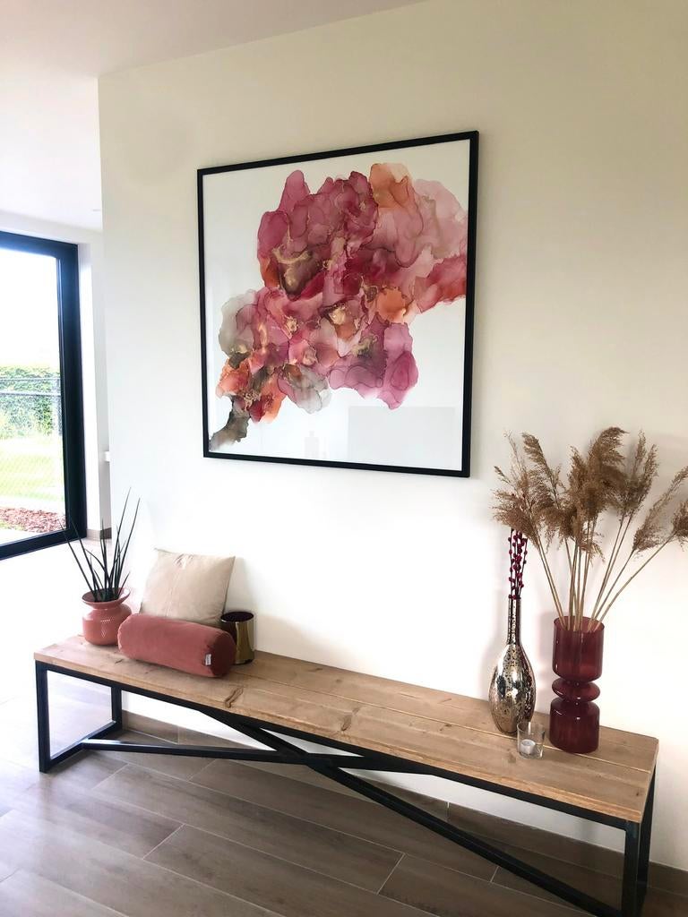 Set tafel, bank, salontafel van hout & staal, Huis en Inrichting, Ophalen, Zo goed als nieuw, Vijf personen of meer, Industrieel