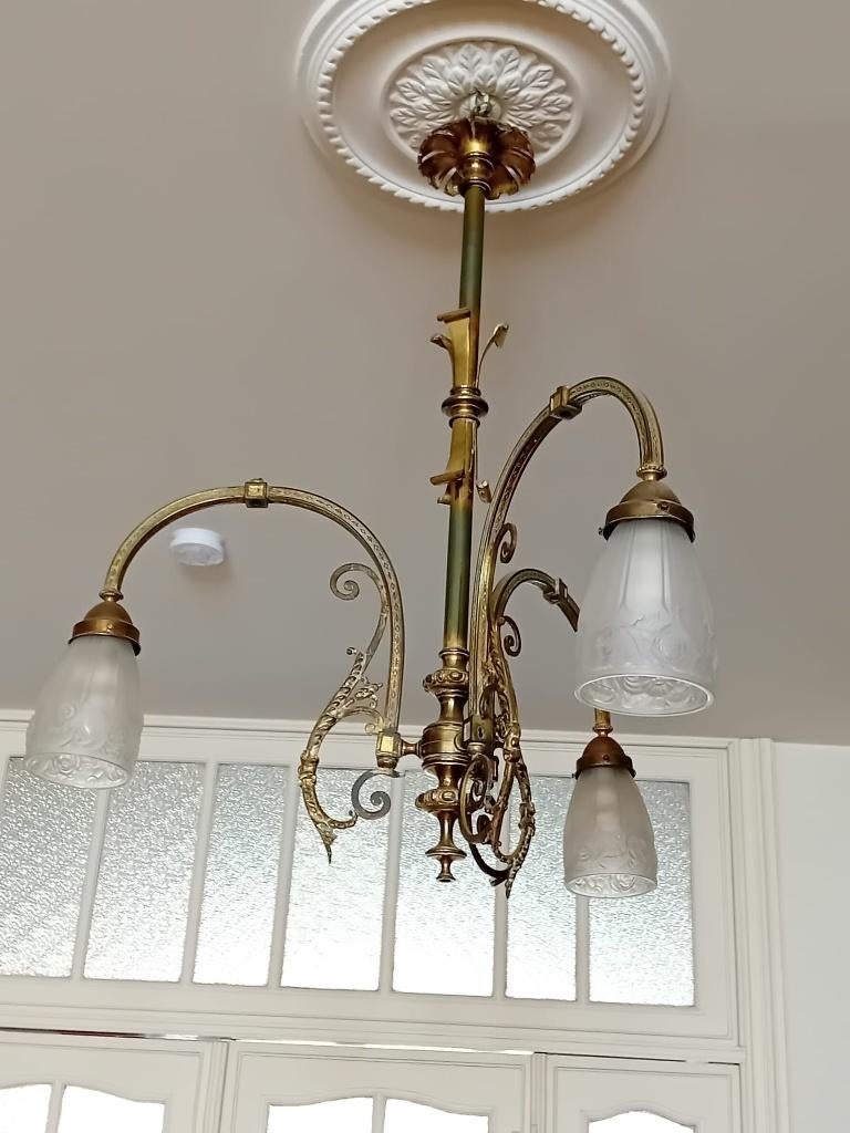 Lustre ancien en laiton et verre gravé – 3 branches, Maison & Meubles, Lampes | Lustres, Utilisé, Verre, Métal, Enlèvement