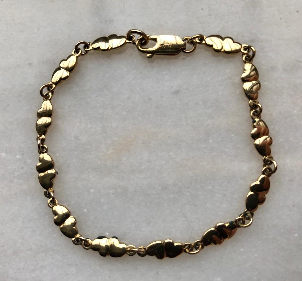 Mooie 18K plaqué (verguld) gouden armband 'hartjes', Ophalen of Verzenden, Zo goed als nieuw, Goud