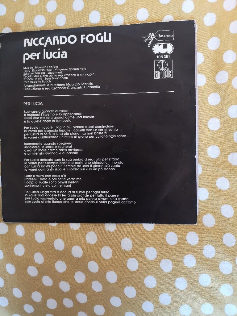singelRICCARDO FOGLI PER LUCIA (port gratuit), Enlèvement ou Envoi, Single, Utilisé, Pop