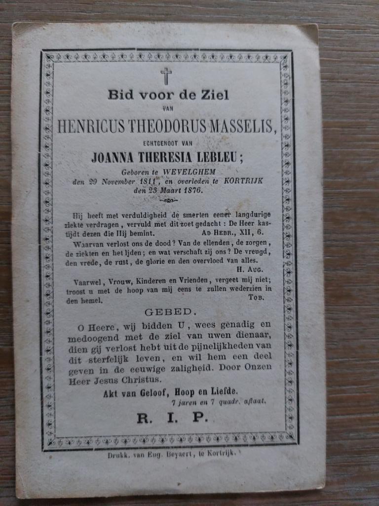 oud doodsprentje Wevelgem/Kortrijk 1876, Verzamelen, Bidprentjes en Rouwkaarten, Verzenden