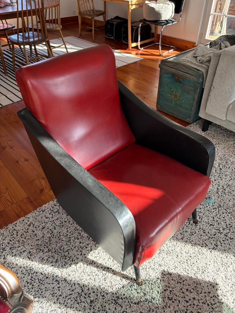 Rood zwarte vintage fauteuille, Huis en Inrichting, Ophalen, Leer, Gebruikt, Vintage