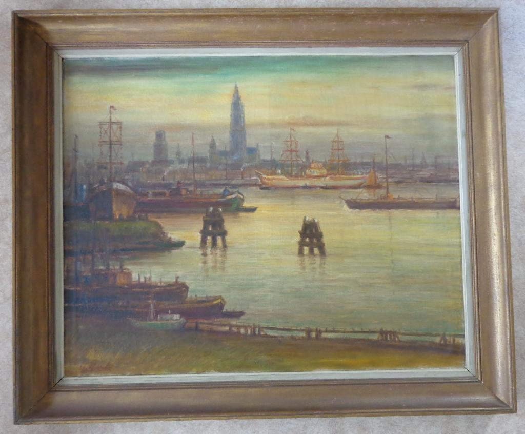 URBAIN GERLO / ZICHT OP ANTWERPEN / OLIEVERF DOEK 123x148cm, Antiquités & Art, Enlèvement