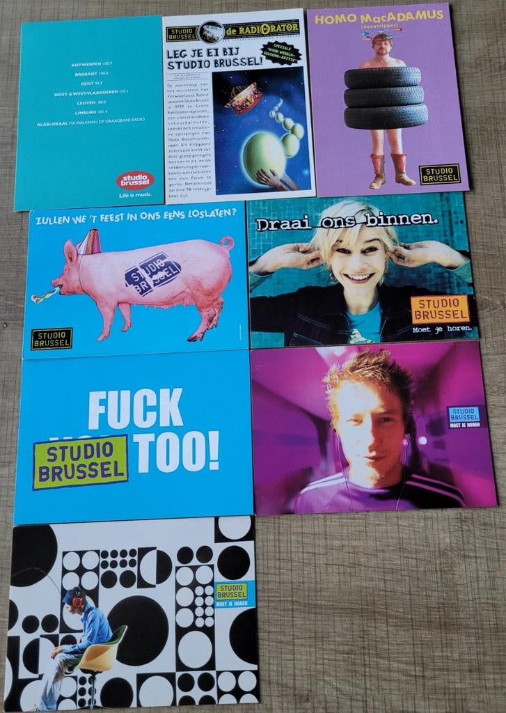 8 reclamekaarten/ postkaarten: Studio Brussel, Verzamelen, Postkaarten | Themakaarten, Ophalen of Verzenden, 1980 tot heden, Ongelopen