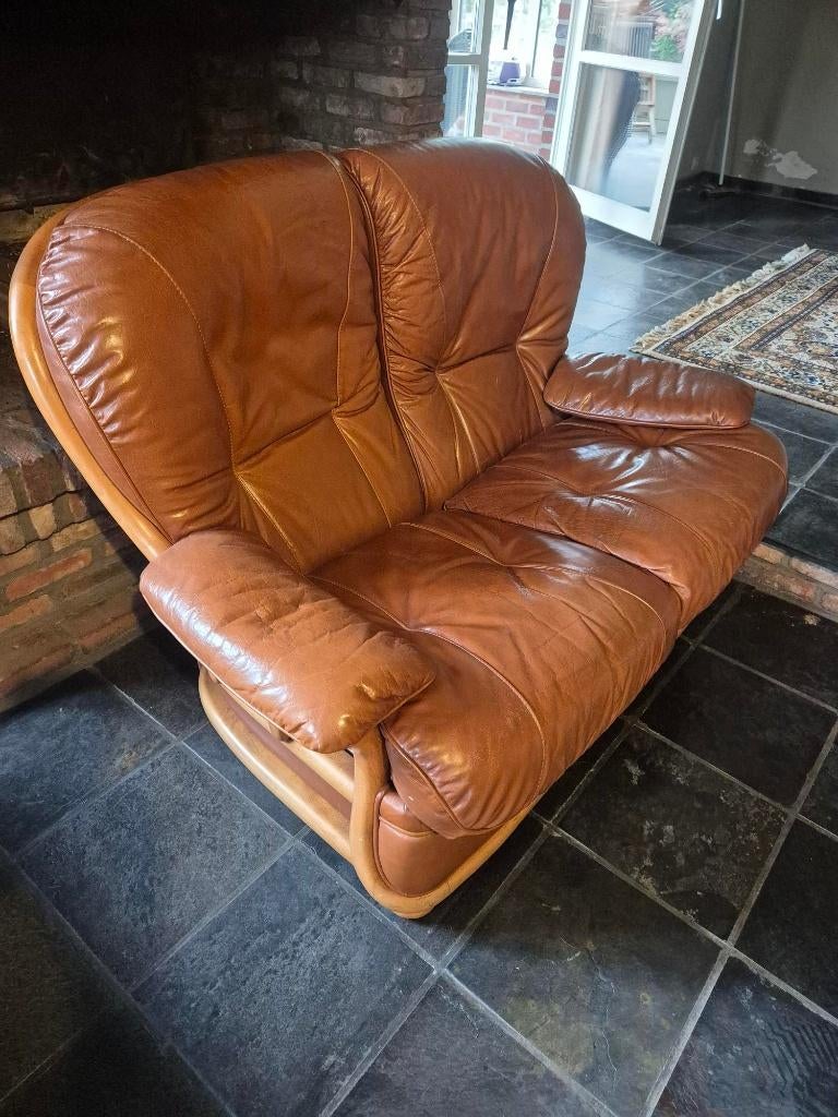 cognac buffelleren salon, Huis en Inrichting, Zetels | Complete zithoeken, Gebruikt, Hout, Leer, Ophalen of Verzenden