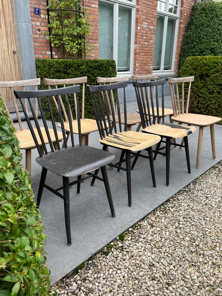8 retro stoelen, Tuin en Terras, Tuinstoelen, Gebruikt, Hout, Ophalen