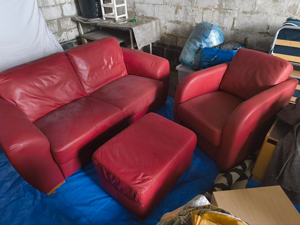 Lederen zetels zetel salon rood leer, Huis en Inrichting, Ophalen, Zo goed als nieuw