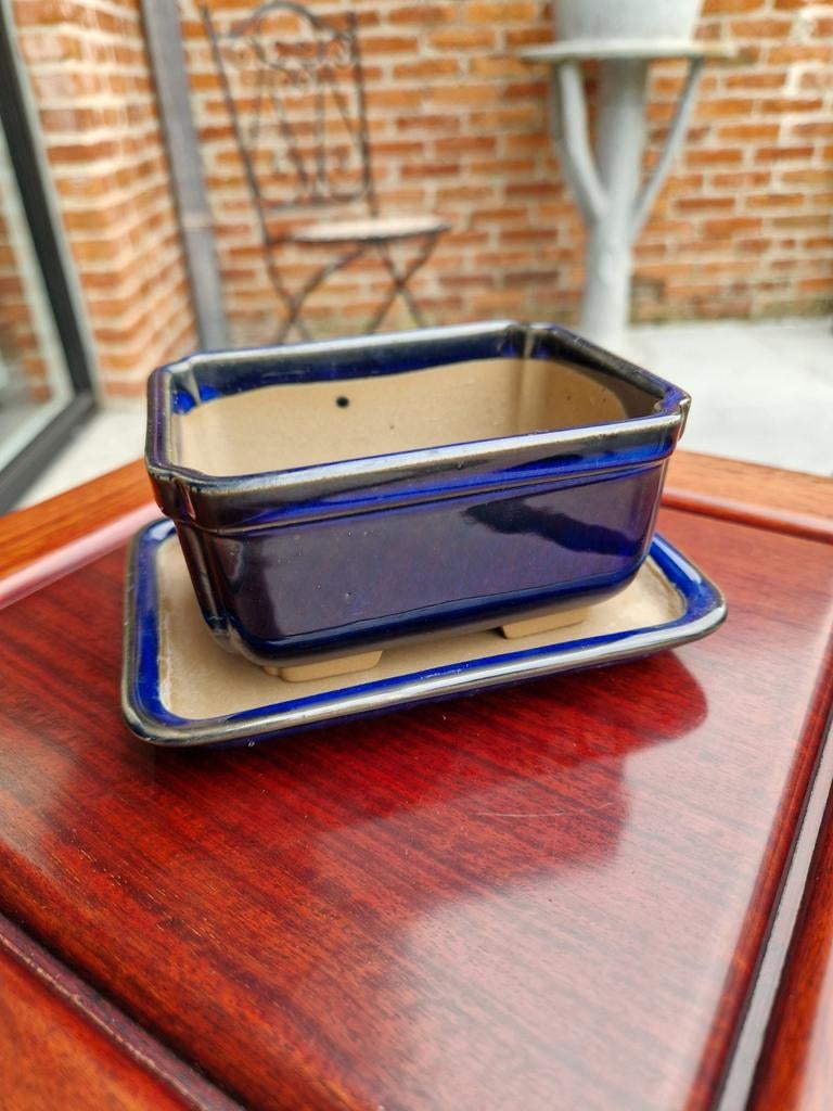 Blauw geglazuurd bonsai pot schaal met onder schaal, Tuin en Terras, Ophalen of Verzenden, Zo goed als nieuw