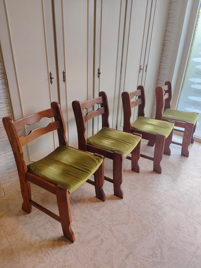 4 Brutalistische "Razorback" Eetkamerstoelen Eiken & Velours, Ophalen