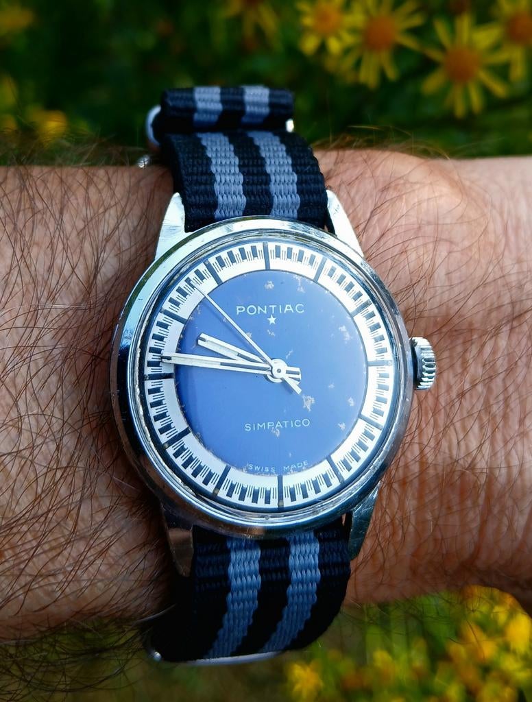 Pontiac Simpatico, serviced, Handtassen en Accessoires, Horloges | Heren, Gebruikt, Polshorloge, Overige merken, Staal, Kunststof