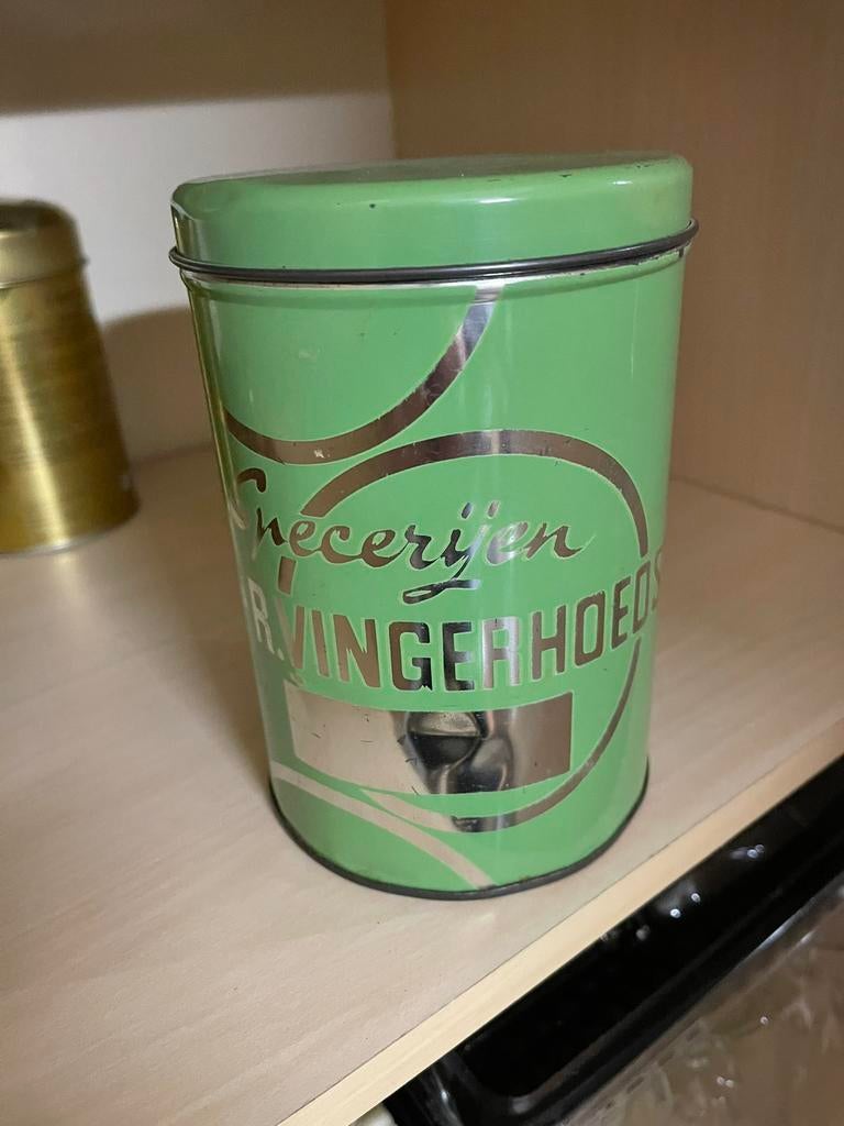 Een oude blikken pot , specerijen R.Vingerhoeds, Verzamelen, Ophalen, Zo goed als nieuw