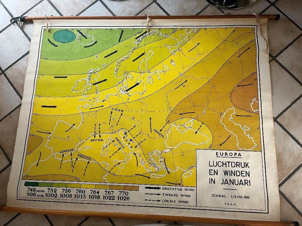 Oude landkaart Europa: luchtdruk en winden, Boeken, Atlassen en Landkaarten, Ophalen, Gelezen, Europa Overig, Landkaart