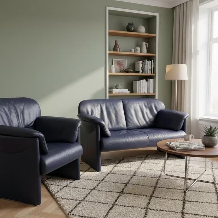 Jori compacte 2-zit donkerblauw, zeer goede staat, Tweepersoons, Leer, Ophalen of Verzenden, Zo goed als nieuw