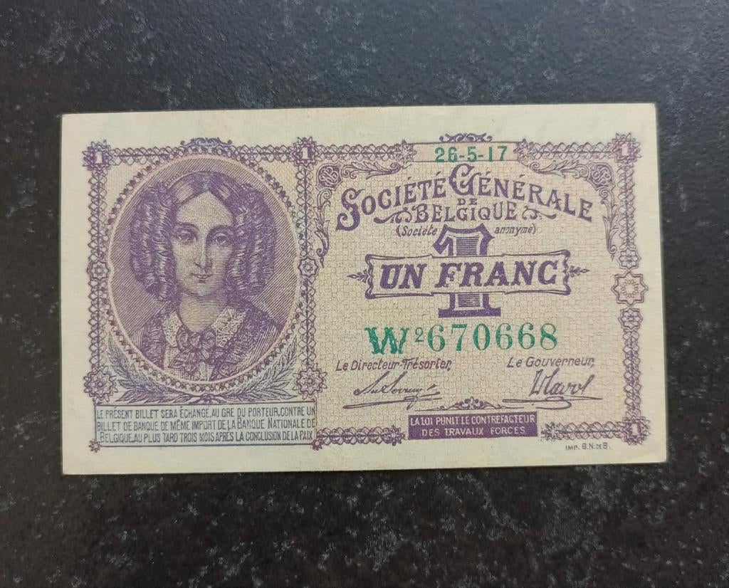 1 frank Société Générale in AUNC 26-5-1917, Ophalen of Verzenden, Los biljet