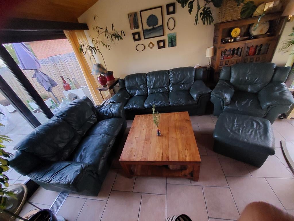 Salon en cuir vert - bien lire l'annonce!, Maison & Meubles, Enlèvement, Cuir