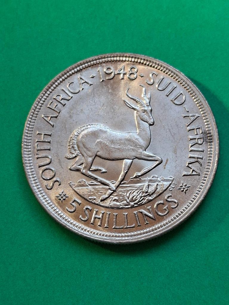1948 Zuid Afrika 5 shillings in zilver met springbok, Verzenden, Zuid-Afrika, Losse munt, Zilver