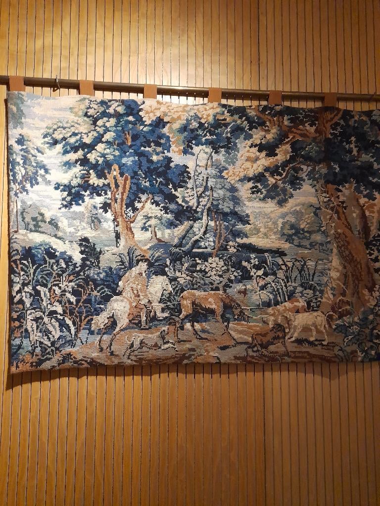 handgemaakt jachttafereel in wandtapijt., Antiek en Kunst, Antiek | Tapijten, Tafelkleden en Textiel, Ophalen of Verzenden