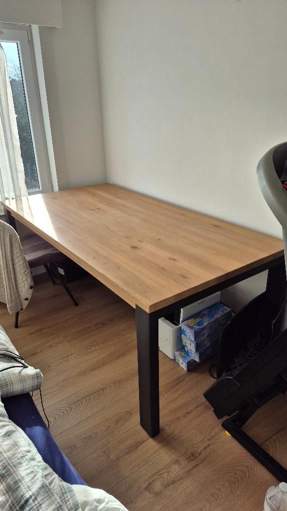 Stevige houten tafel met stalen poten, Ophalen, 100 tot 150 cm, 200 cm of meer, Zo goed als nieuw