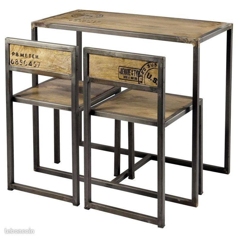 Table + 2 Chaises/Maisons du Monde/Bois/Métal/Industriel, Maison & Meubles, Métal, Industriel, Loft, Brut, 50 à 100 cm, Comme neuf