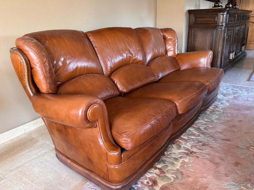 Vintage lederen salon, Huis en Inrichting, Zetels | Zetels, Ophalen, Gebruikt, Driepersoons, Leer