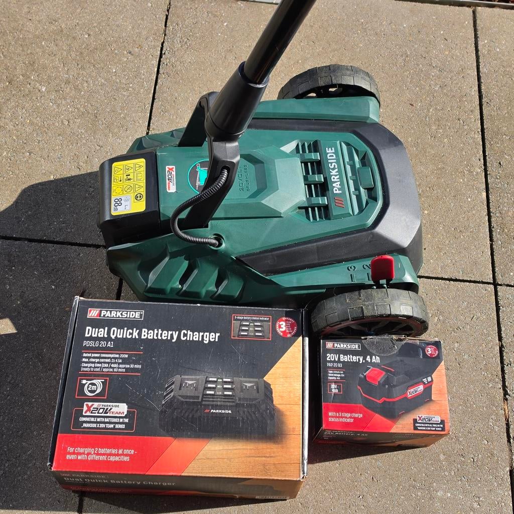 Parkside 20 volt grasmaaier + Baterij en dubbel laad station, Ophalen