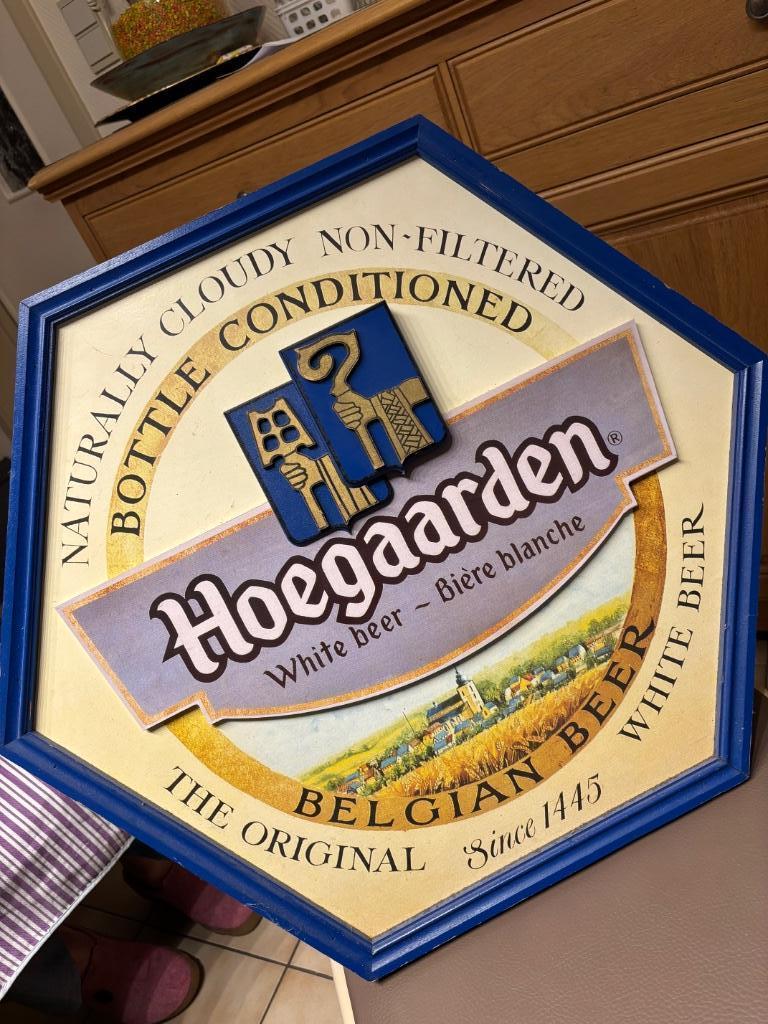 Hoegaarden reclamebord hout, Ophalen, Zo goed als nieuw, Reclamebord, Plaat of Schild, Overige merken