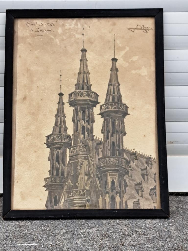 aquarelle hotel de ville de louvain signe firmin baes, Antiquités & Art, Enlèvement ou Envoi