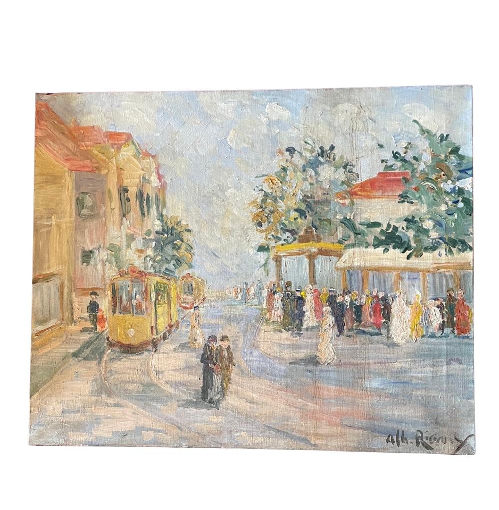 Tableau Peinture Huile sur Toile Le Tramway - Albert Rigaux, Antiquités & Art, Art | Peinture | Classique, Enlèvement ou Envoi