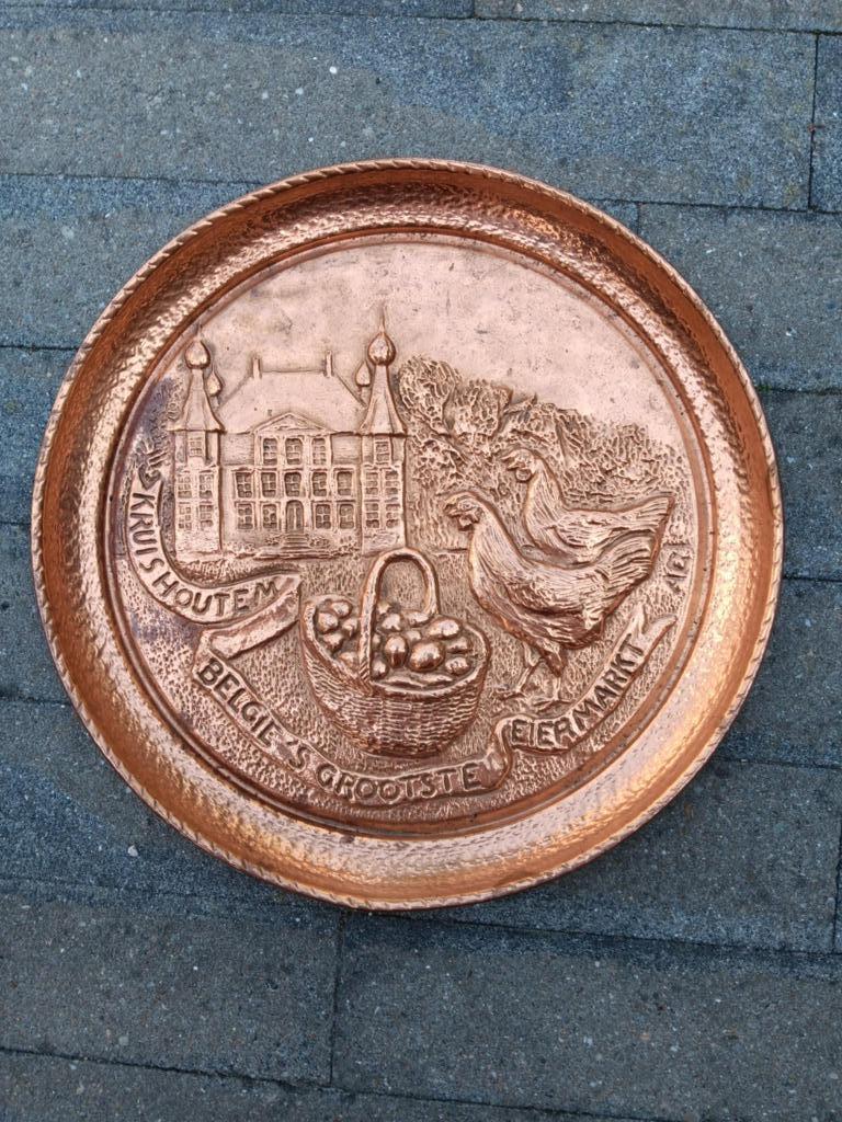 Grote koperen plateau eiermarkt Kruishoutem, Ophalen of Verzenden, Gebruikt, Reclamebord