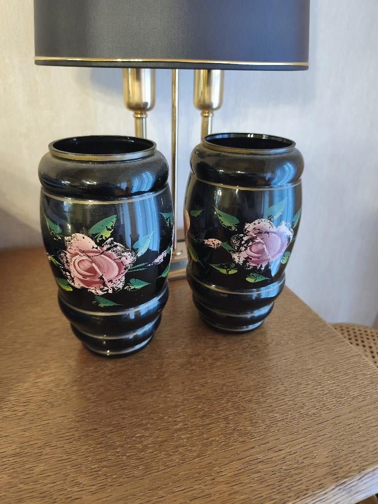 2 vazen type Booms glas met roze rozen - Art Deco., Enlèvement