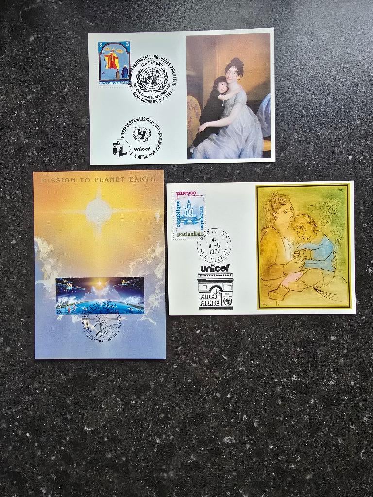 UNICEF/UN 3 kaarten, Postzegels en Munten, Ophalen of Verzenden, Gestempeld, Overige thema's