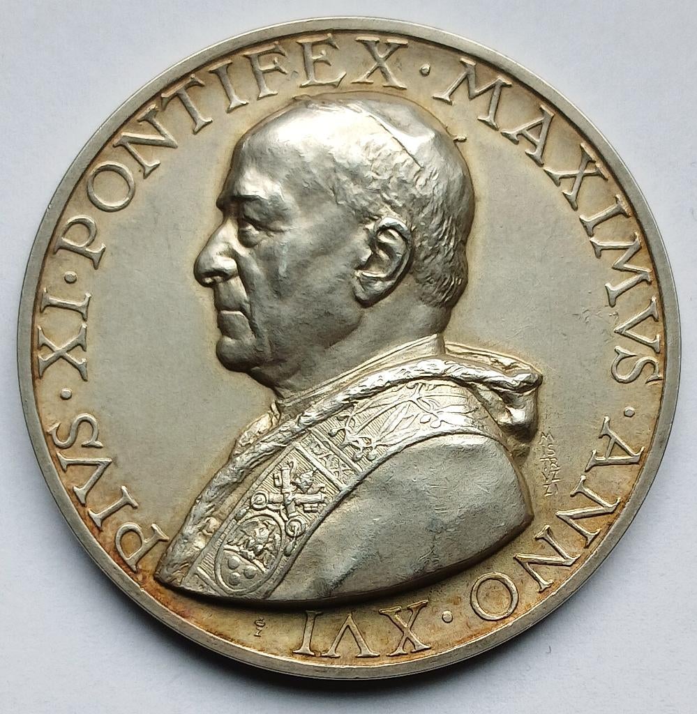 Ag medaille1937 pius XI anno XVI da Vinci michelangelo volta, Ophalen of Verzenden, Zilver