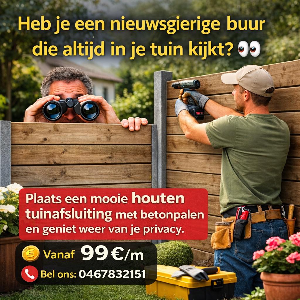 PROMOTIE Plaatsing tuinafsluiting 99€/meter vanaf 20 meter, Tuin en Terras, Schuttingen, Ophalen