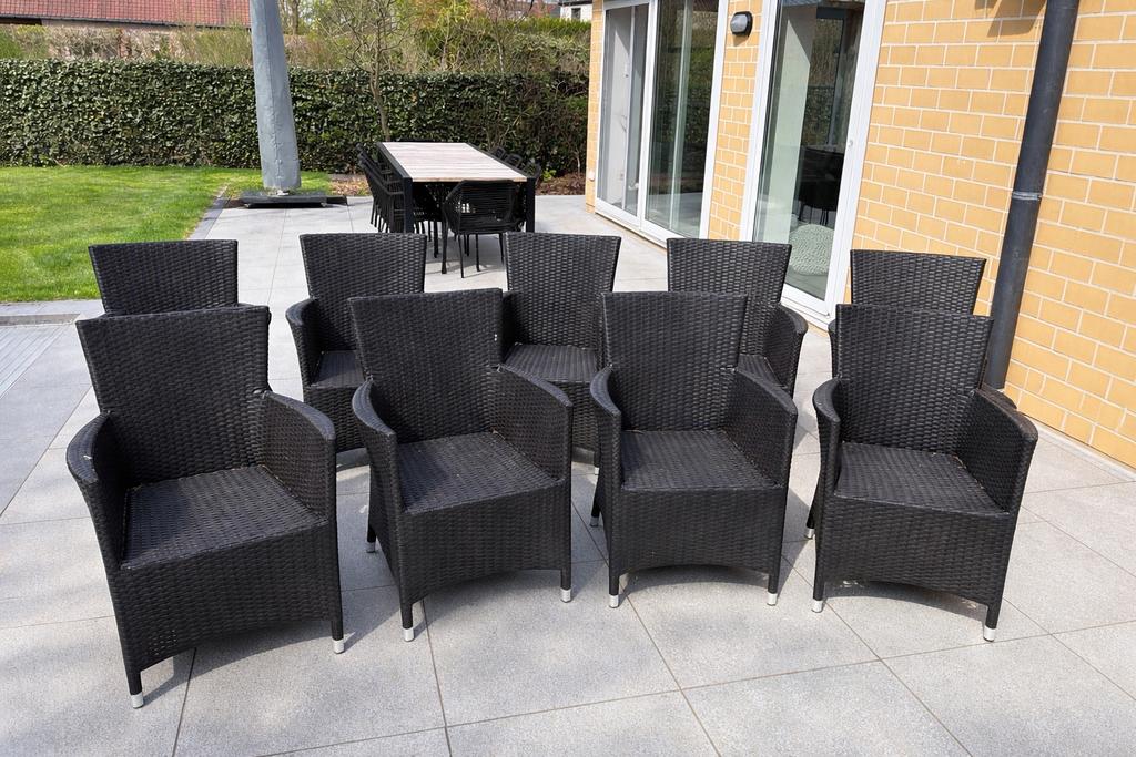 8 tuinstoelen wicker + kussens – goede staat, Ophalen, Gebruikt, Wicker