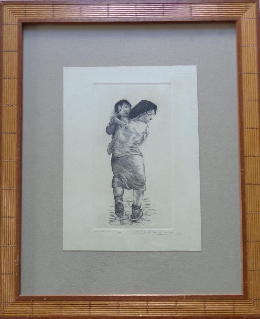 GUSTAAF DE BRUYNE / HAVENMEISJE / ZW-W ETS / 58x48cm KADER, Antiek en Kunst, Kunst | Litho's en Zeefdrukken, Ophalen of Verzenden