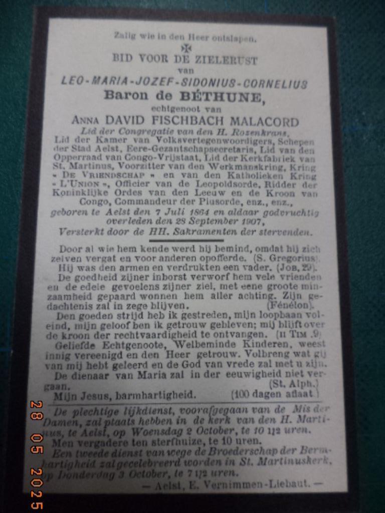 AALST: doodsprentje Baron Leo DE BÉTHUNE. Zéér goede staat !, Collections, Images pieuses & Faire-part, Carte de condoléances