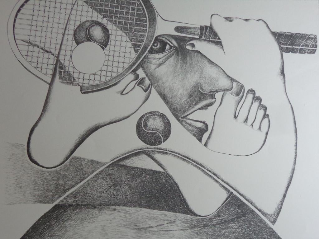 CYR FRIMOUT / TENNISSPELER / ZW-W LITHO / 64x90cm / SIG, Antiquités & Art, Art | Lithographies & Sérigraphies, Enlèvement ou Envoi