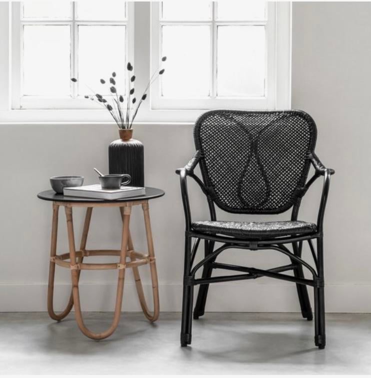 Rond rotan bijzettafeltje boho rattan salontafel zwart blad, Boho, Rond, Zo goed als nieuw, Hout