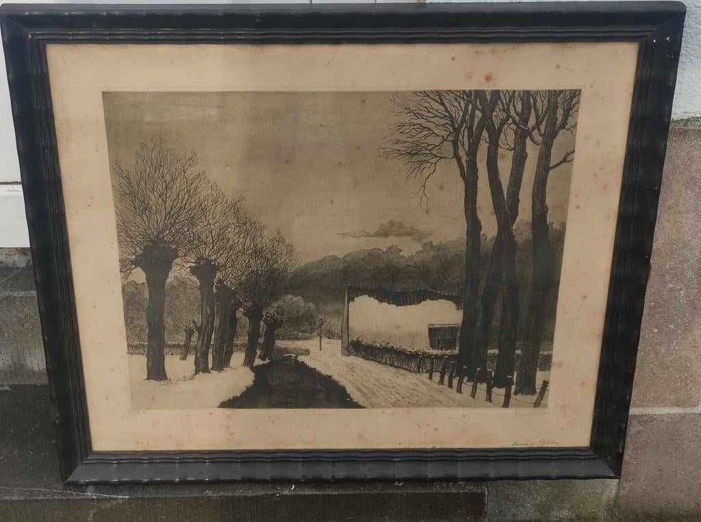 gravure hiver a ghlin signe victor dieu, Antiquités & Art, Art | Eaux-fortes & Gravures, Enlèvement ou Envoi