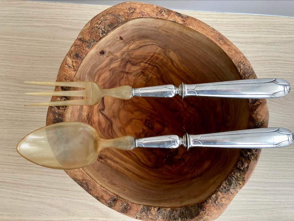 Couverts salade anciens corne/plaqués argent art déco, Utilisé