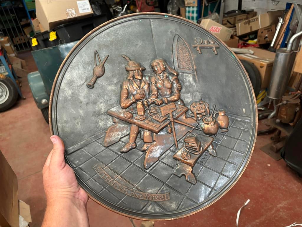 Sierplaat, koperen decoratieplaat, leuk tafereel, Ophalen of Verzenden, Koper