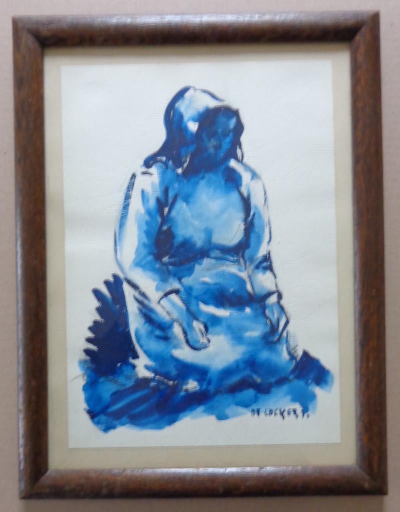 DE COCKER / ZITTENDE VROUW / ORIGINEEL / 37x28cm / KADER SIG, Antiquités & Art, Enlèvement ou Envoi