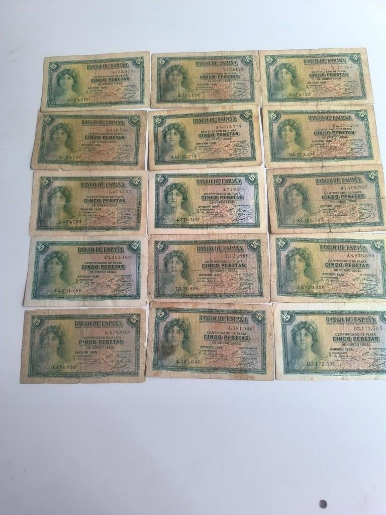 lot 15 billets Espagne 5 pesetas 1935, Enlèvement ou Envoi, Utilisé