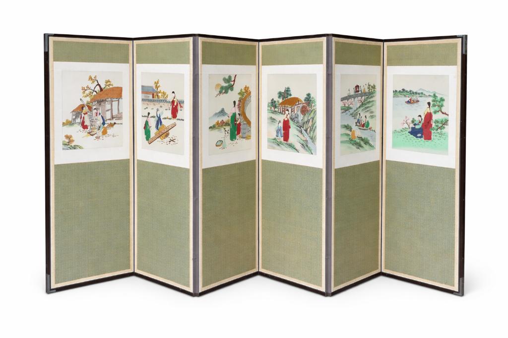 Paravent coréen 6 panneaux brodés soie, Enlèvement, Utilisé