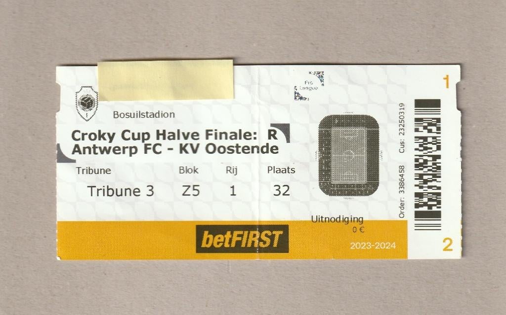 ticket halve finale Croky Cup Antwerp - Oostende, 29/02/2024, Verzamelen, Sportartikelen en Voetbal, Ophalen of Verzenden, Gebruikt