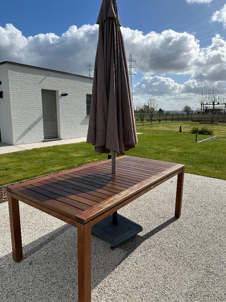 Tuintafel teak + parasol met voet, Tuin en Terras, Tuintafels, Ophalen, Gebruikt, Rechthoekig, Teakhout