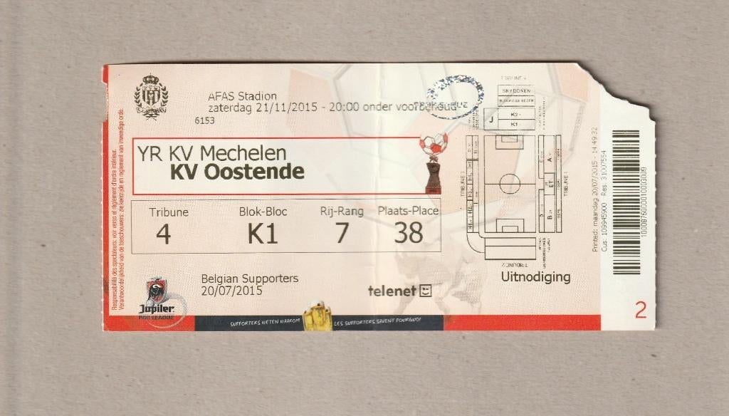 (gebruikt) ticket KV Mechelen - KV Oostende (21/11/2015), Verzamelen, Sportartikelen en Voetbal, Gebruikt, Overige typen, Ophalen of Verzenden
