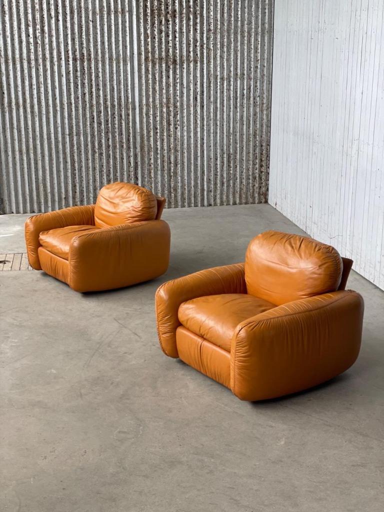1x Italian Leather Armchair – Orange – 1970s, Huis en Inrichting, Zitzakken, Zo goed als nieuw, Oranje, Ophalen of Verzenden